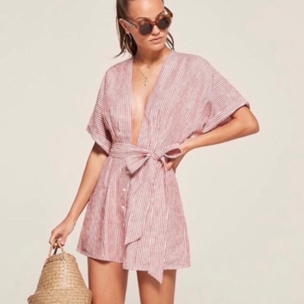 Reformation Pink Striped Mini Dress with Tie Waist